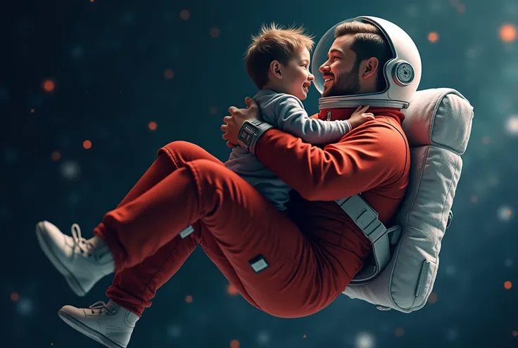 An astronaut father with his son, floating in space, wearing red suit, ultrarealistic, 4K