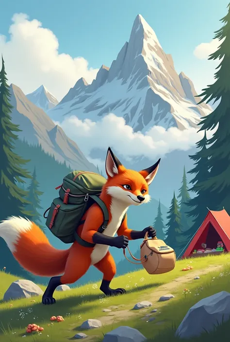 Cool fox steeling a beige decathlon fanny pack from a red tant. With alpes moutain landscape.