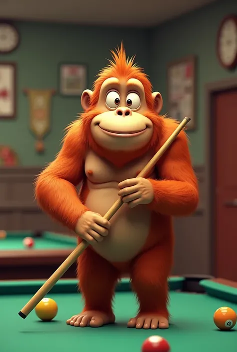 an orangutan standing with a pool cue in cartoon, 8k