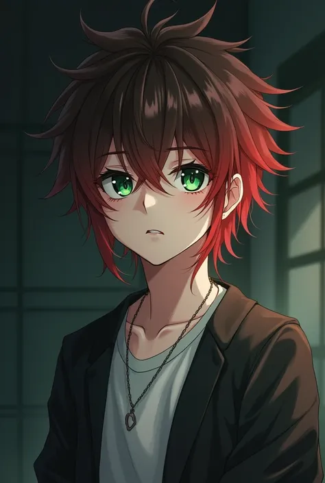 I am a handsome young man. I have disheveled long brown shoulder-length hair, red hair closer to the ends. I have green eyes and pale skin. Im thin. Even though I look like a teenager, Im a grown man. On the dark background. Anime. 