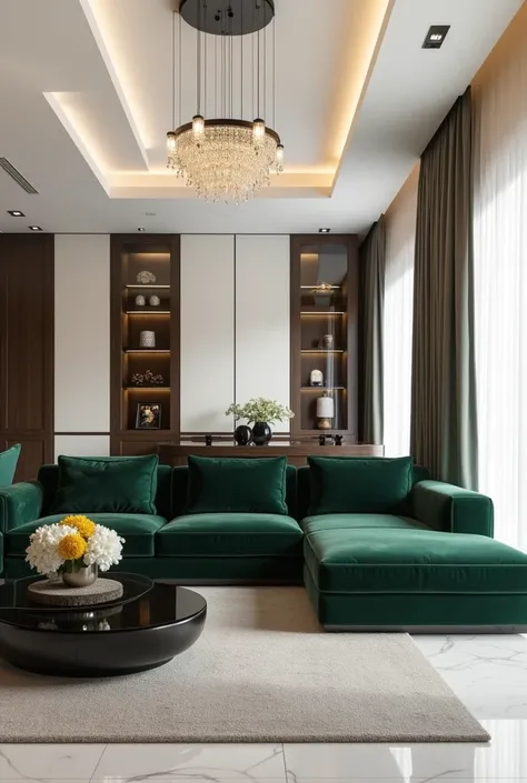 Professional 3d architecture rendering design of modern and minimal and high tech design for living room with three set and two single set   Dark  green velvet sofa and white cream laminate and two  shiny  dark wooden closet for elegant accessories with gl...