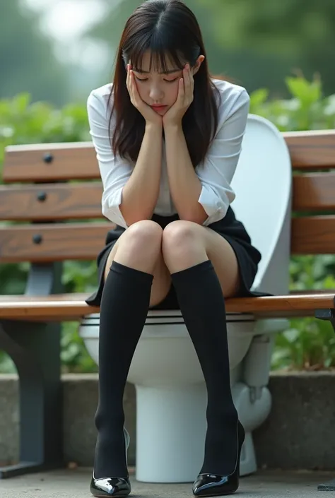 (Photorealism:1.2), Korean girl suppressing embarrassing urges、39;Thick legs, １Woman in uniform, 39;Office worker business uniform、Crying face and stomach ache、Sitting on the toilet seat、Please spread your legs a little。I can&#39;t hold my poop、And I pee a...