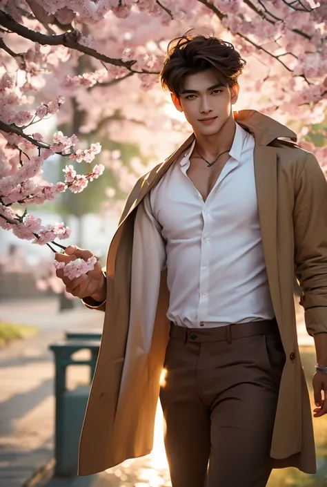 (absurdres, highres, extremely detailed, Ultra High Definition, masterpiece), a tall handsome muscular young man with a strong physique with a serene expression stands beneath a canopy of cherry blossoms in full bloom, their pale pink petals drifting down ...