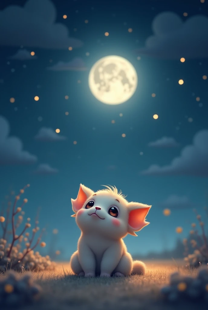 A cute  sits listening to the moonlight and stars.