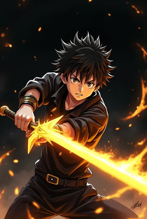 black haired anime character with gold energy sword and black background