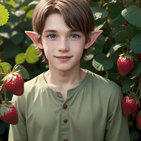 Cute, cheerful, youthful, male elf Bo Nordström with dark green friendly eyes, brown hair and a snub nose, boy in a beautiful landscape with strawberry plants