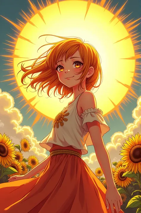 Manga style drawing of the sun tarot card represented by a girl 