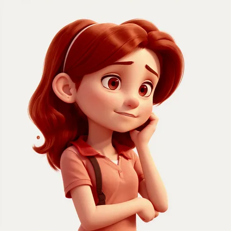 A young woman, wearing a light red shirt, with one hand to her ear, as if curious to listen