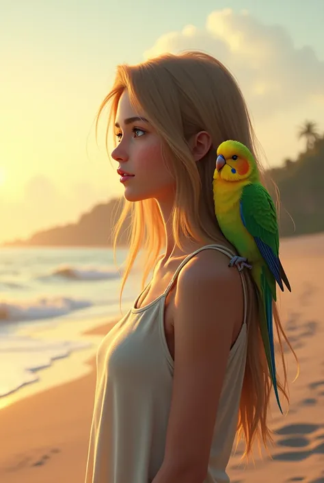 Realistic Budgie with Teenager Girl at beach