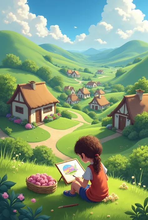 A picturesque village with small cottages and rolling hills. Mia, a girl with curly brown hair tied in a ponytail, is sitting on a grassy hill with her sketchbook and paintbrush, painting a vibrant landscape.