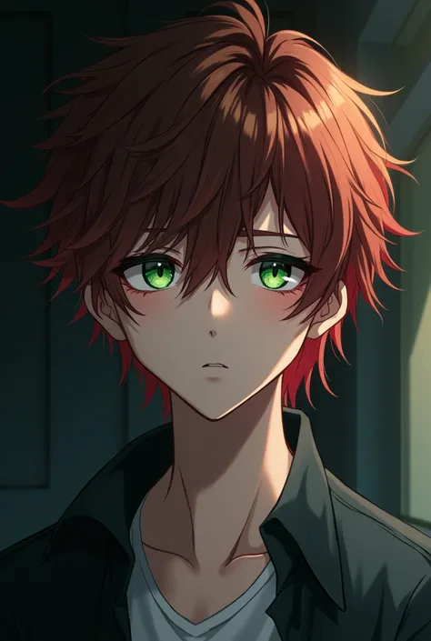 I am a handsome young man. I have disheveled long brown shoulder-length hair, red hair closer to the ends. I have green eyes and pale skin. Im thin. Even though I look like a teenager, Im a grown man. On the dark background. Anime. 