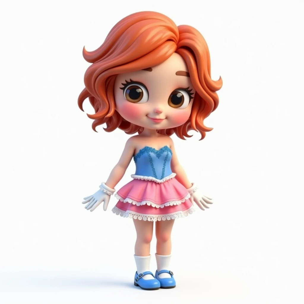 A captivating 3D rendered full body  illustration of a charming Chibi latin lady with short wavy red orange hair , brown eyes, and a cute bubbly smile. She is wearing a blue tube blouse with blue lace and pink layared mini skirt with white lace, blue dolls...