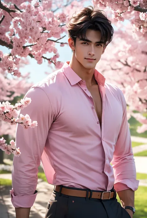 (absurdres, highres, extremely detailed, Ultra High Definition, masterpiece), a tall handsome muscular young man with a strong physique with a serene expression stands beneath a canopy of cherry blossoms in full bloom, their pale pink petals drifting down ...