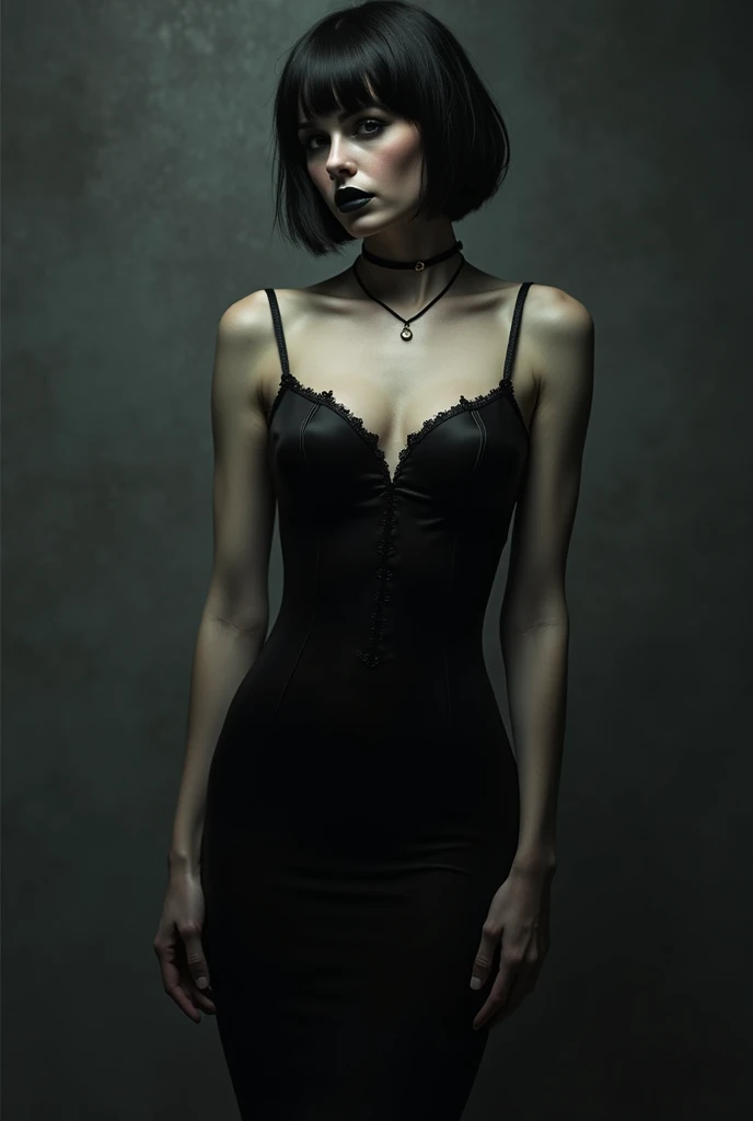 a gothic woman,ultimate waist emo, big boobs and a big and beautiful ass with short hair,black lipstick and eyebrows
