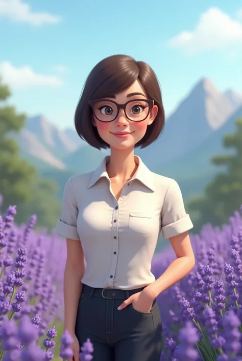 Realistic, cute woman 40 years blunt cut dark brown hair, thin smile, wearing eyeglasses white shirt and dark pants, standing in front of lavender garden, mountains on the background, blue sky morning, purple atmosphere 