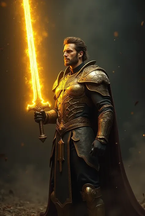 male dnd character with pure gold energy sword and black background