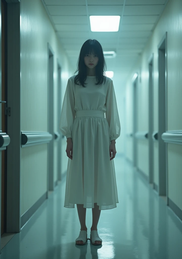 Create an image of a mysterious girl with a small, imperceptible aura in a hospital, very beautiful indeed
