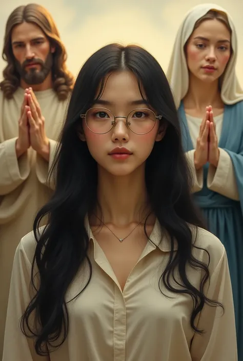 A young woman wearing frameless glasses, long black hair, split chin, modest blouse, with the angels, Jesus and Mary behind, everyone looking forward 