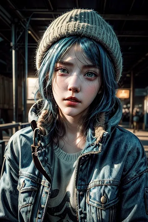 realistic portrait of Chloe Price, a young woman with blue hair wearing a hat and jacket, extremely detailed facial features, beautiful eyes and lips, cinematic dramatic lighting, 8K resolution, unreal engine character art, female protagonist, life is stra...