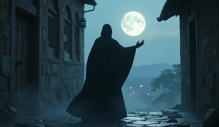 A single ninja, wearing dark, flowing clothing from the 16th century, performing a hand seal, appearing to blend into the shadows of an ancient Japanese castle, with moonlight illuminating only parts of the scene, the distant outline of a city is visible i...