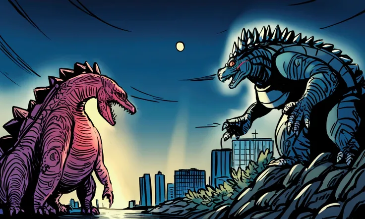 Godzilla has become infatuated with a (very feminized) Gypsy Danger from Pacific rim. Godzilla is offering Gypsy a dead squid off the coast of Neo tokyo at night. Gypsy is blushing