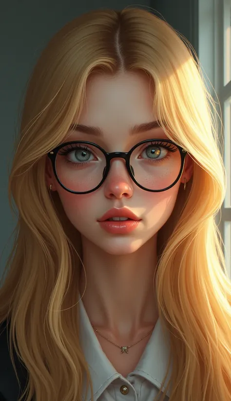 1 girl, the most attractive in school, with straight blonde hair, wearing glasses that enhance her intelligent gaze. Despite her beauty, she is considered dim-witted and hates being called that. She has a strong personality and a challenging demeanor, espe...