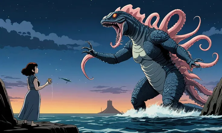 Godzilla has become infatuated with a (very feminized) Gypsy Danger from Pacific rim. Godzilla is offering Gypsy a dead squid off the coast of Neo tokyo at night. Gypsy is blushing
