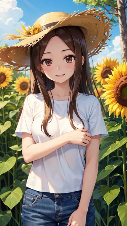 takagi-san、光沢のあるbrown hair, long hair,((medium breast、amount、center part))、 beautiful brown eyes、smile、shining eyes, (fine grain...