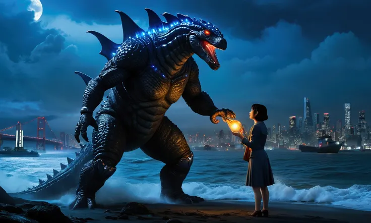 Godzilla has become infatuated with a (very feminized) Gypsy Danger from Pacific rim. Godzilla is offering Gypsy a dead squid off the coast of Neo tokyo at night. Gypsy is blushing
