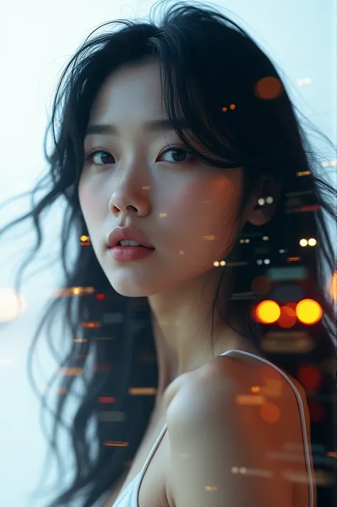 high quality,8k ultra hd,Double exposure style,beautiful korean women face,long black hair blowing in the wind,with a picture of a car&#39;s flashing lights,and the night lights of Dubai city,white background,realistic,detail,photography.