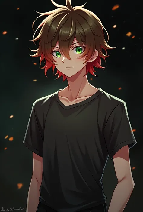 I am a handsome young man. I have disheveled long brown shoulder-length hair, red hair closer to the ends. I have green eyes and pale skin. Im thin. Even though I look like a teenager, Im a grown man. Anime drawing style. On dark background. 