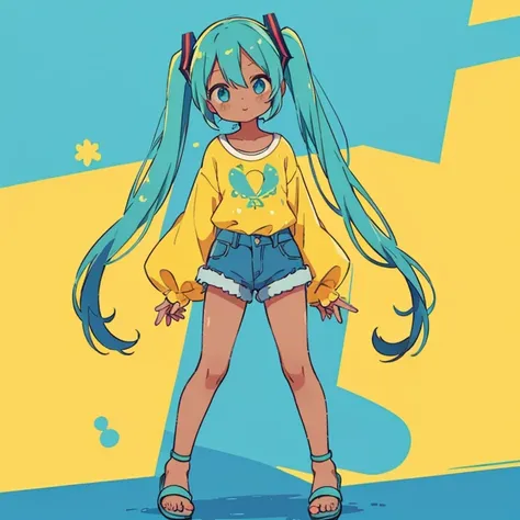 Hatsune Miku wearing Brazilian clothes, sandals, a yellow blouse and short denim shorts and a darker skin tone