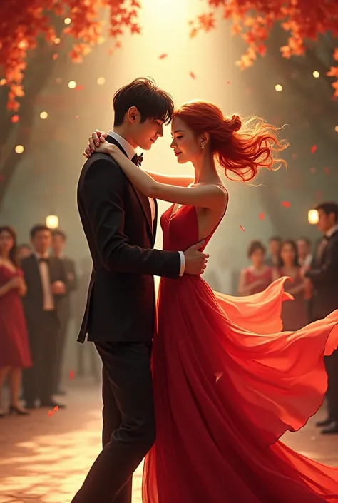 Asian man with bangs dancing with a red-haired woman in formal wear