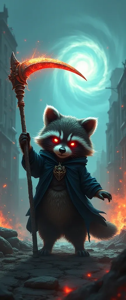 A photo of a fluffy baby raccoon dressed as the lord of chaos. The raccoon is wearing dark, ominous attire with a hood concealing its face. It is raising its arms, casting a sinister, swirling vortex of chaotic energy around it. There is a hint of red arou...