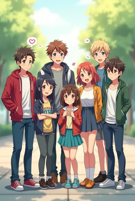 Group photo that has four college boys and two college girls in  anime