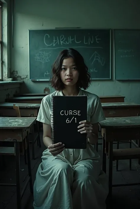 creat image of A horror movie poster featuring a woman with a scar sitting in an old classroom, holding a notebook that says Dead. The room looks dark. Title: Curse 6/1




