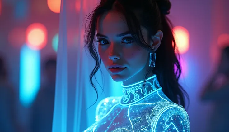 ((Waist shot)), craft a hyper realistic vertical photo of most attractive transparent tron jumpsuit crystal glass girl with neon light (Penélope Cruz),(Emma Watson), shining eyes, neon rainbow armor, intricate rainbow armor, delicate rainbow filigree, intr...