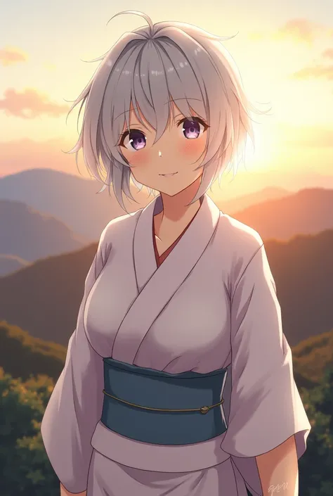 Standing in the mountains of Japan、Goddess、Silver short hair、A yukata in a calm color、A kind smile,Beautiful eyes、barefoot、Cool smile、Portrait,Sunset sky,Boyish,tall,Just before sunset,Upper body close-up,Close-up of upper body,Anime,Slightly larger breast...