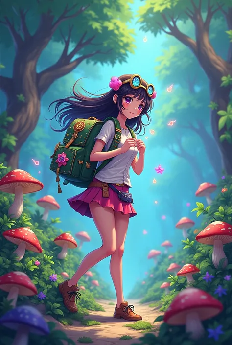 Make an anime girl in wild, getting something from a magical backpack
