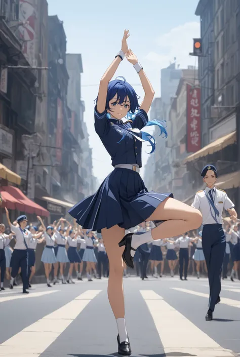 blue hair, uniform, dance at the crossroads