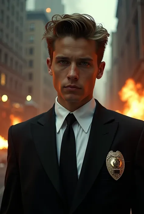 5 Corey Haim wearing a black suit with black tie white shirt with badge and gun with New York as a background with fire and smoke close up 