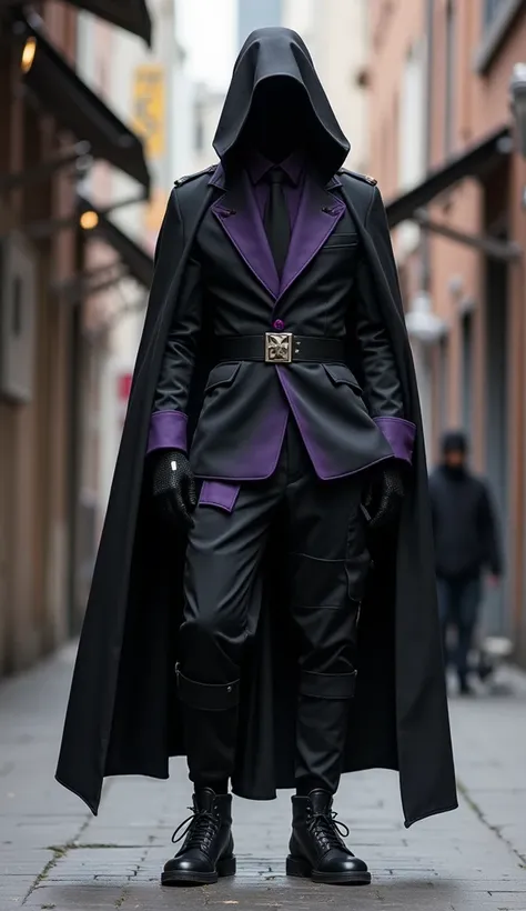 I want a hero outfit, vigilante, ninja, fighter. This outfit is black and has purple details, a cape-like overcoat, a suit with a dress shirt with 2 or 3 buttons open, military pants with a belt and shoes that match the idea without drawing attention, besi...