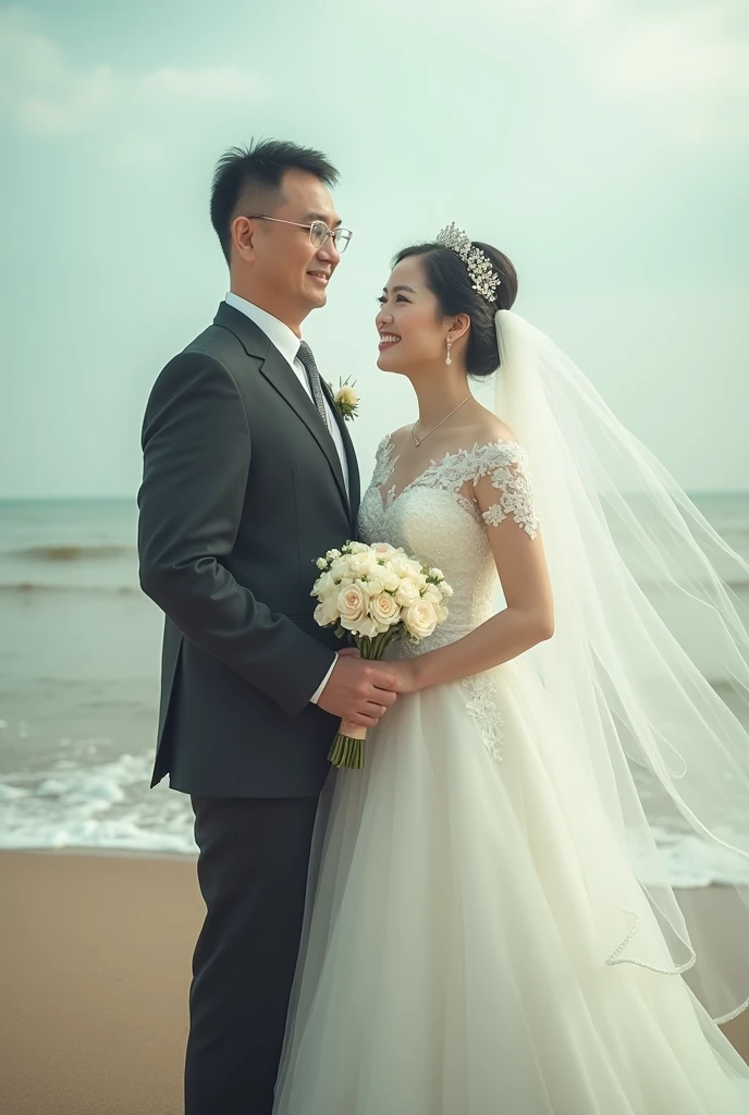 1 girl in a white wedding dress, long veil flowing in the wind,beautiful detailed eyes,beautiful detailed lips,extremely detailed eyes and face,longeyeslashes, middle-aged Chinese couple, natural and realistic facial expressions,wide and majestic scene, wa...