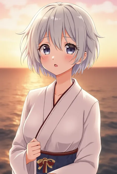 Standing in Japan、Goddess、Silver short hair、A yukata in a calm color、A kind smile,Beautiful eyes、barefoot、Cool smile、Portrait,Sunset sky,Boyish,tall,Just after sunset,Upper body close-up,Close-up of upper body,Anime,Slightly larger breasts