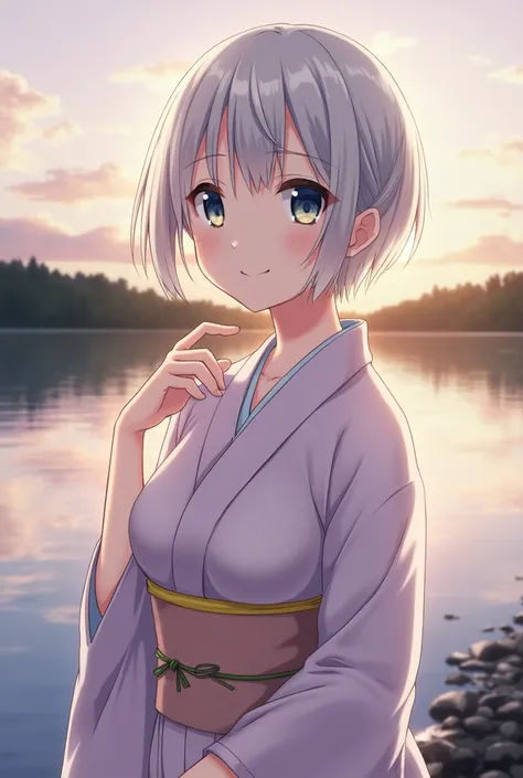 Standing by a river in Japan、Goddess、Silver short hair、A yukata in a calm color、A kind smile,Beautiful eyes、barefoot、Cool smile、Portrait,Sunset sky,Boyish,tall,Just after sunset,A sky of madder and indigo gradation,Upper body close-up,Close-up of upper bod...