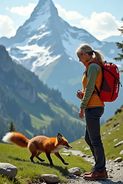 Fox stealing a decathlon fanny pack from a red aunt in the Alps