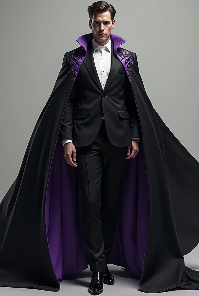 I want a suit with a white dress shirt with 2 open buttons and a black and purple hero&#39;s cape-coat. 