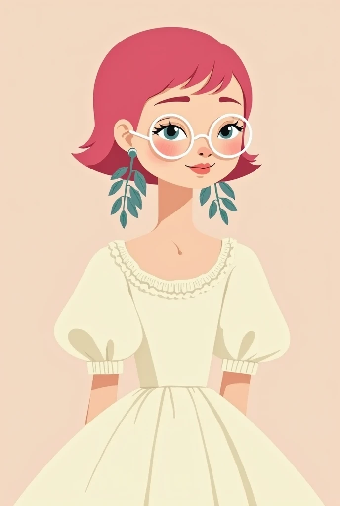 Demure woman with big leaf earrings, hot pink buzz cut, short pixie hair, puffy sleeve dress with cream skirt, simple cartoon, round white glasses two dimension  simple