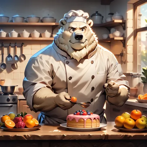 masterpiece, best quality, very aesthetic, absurdres, BREAK noise reduction, BREAK super fine illustration, insanity detailed,  BREAK [face:full body:10], looking away, from above, pastry chef, plump middle-aged french polar bear man, fluffy body, brown ey...