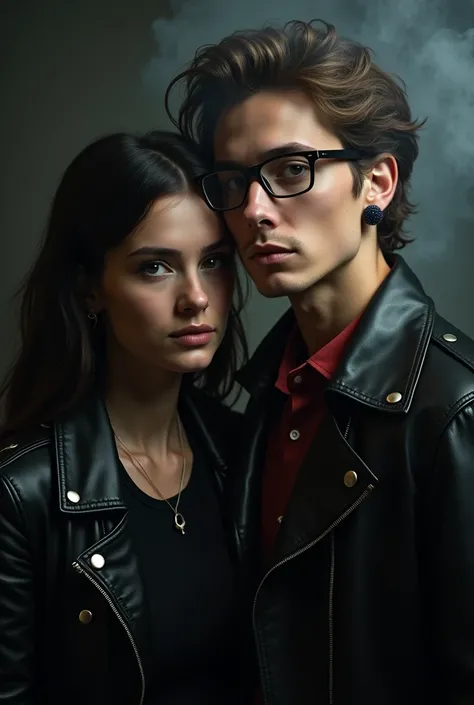 (Close-up of a better masterpiece:1.5)0.9](photo closeup) This picture shows two individuals standing close to each other, a woman with dark brown hair,wearing a black t-shirt, wearing a black leather jacket leaning his back against a frosted haired man, w...